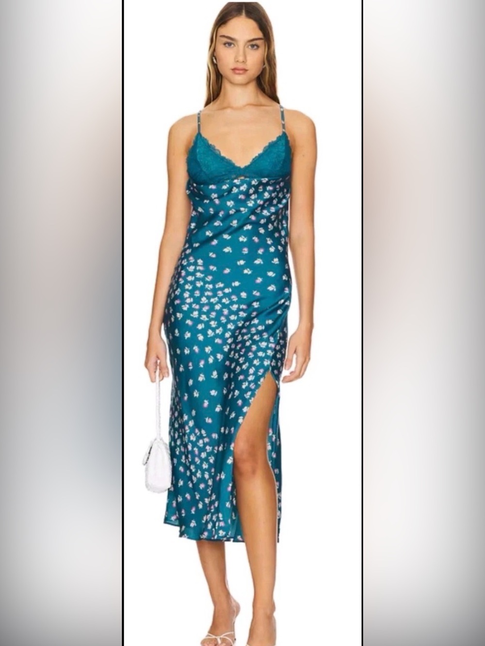 Free People Teal Floral High-Low Slip Dress with Lace Trim